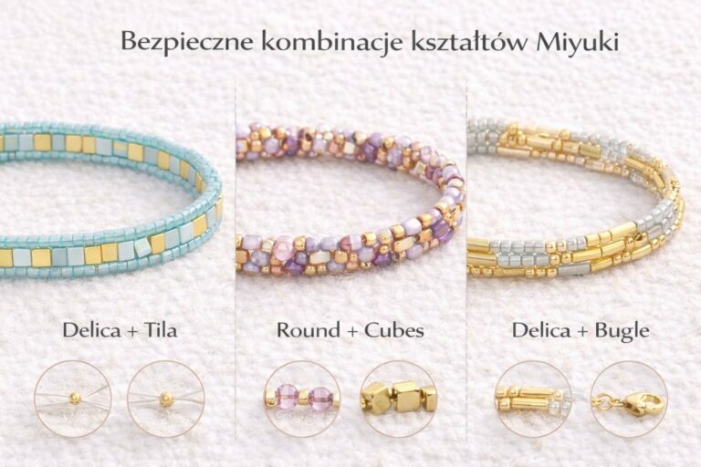 Jak łączyć różne kształty Miyuki w jednym projekcie? Sprawdź zasady kompozycji, proporcji i rytmu, które pozwolą uniknąć chaosu w biżuterii.
